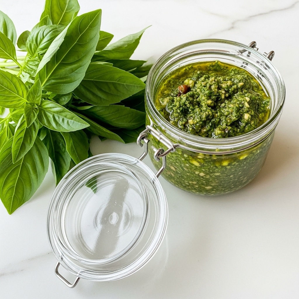 A small clear glass jar filled with dark green pesto sauce with visible bits of nuts and herbs inside, the jar is open with its clear lid resting next to it on a white marbled surface, accompanied by a fresh sprig of bright green basil leaves lying to the right of the jar. photo taken with an iphone --ar 4:5 --v 7