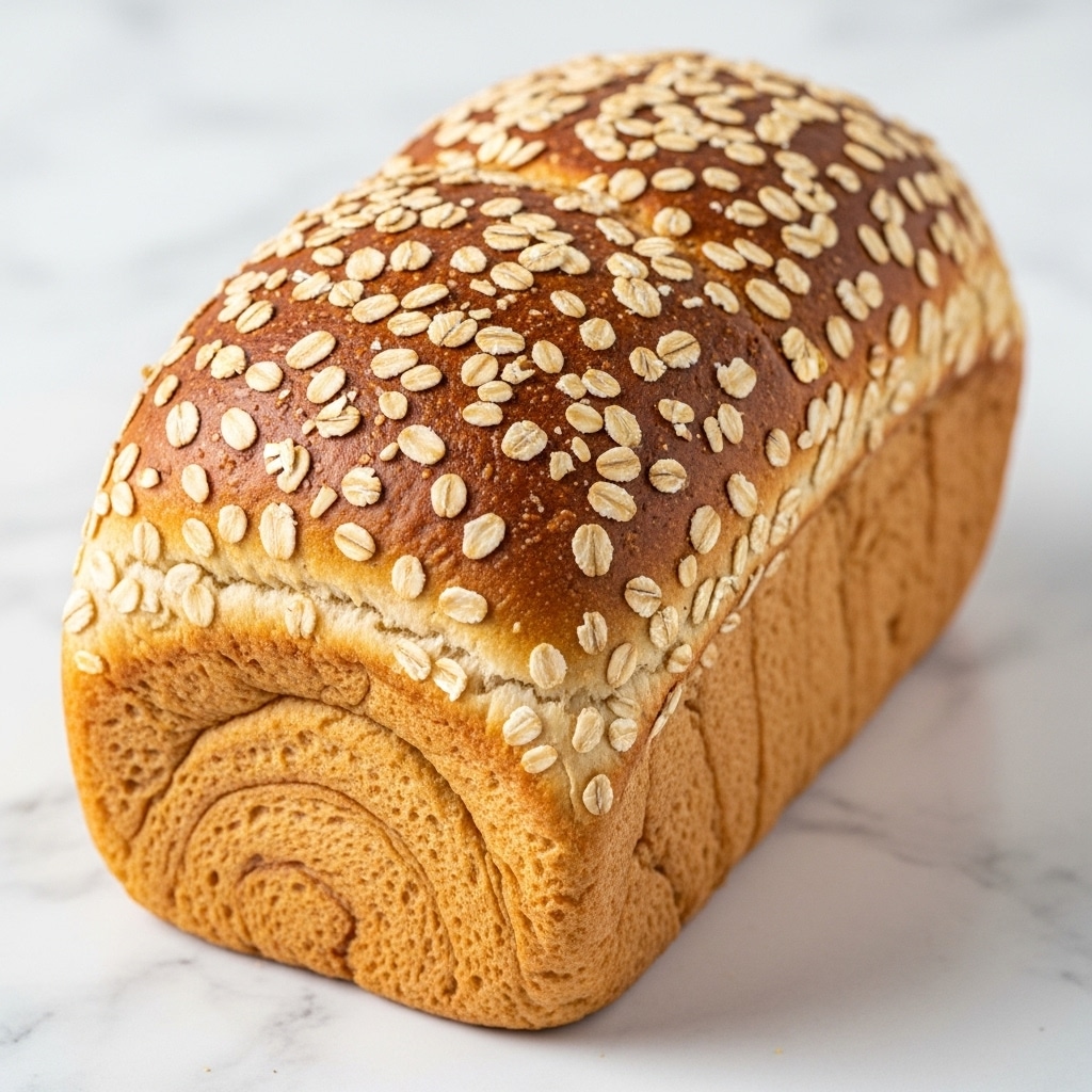 The image shows a loaf of bread resting on a white marbled surface with a metal cooling rack beneath it. The bread is golden brown with a soft, fluffy texture and is topped with a generous layer of light beige rolled oats scattered evenly across the surface. The loaf has a slight shine and visible soft folds across the top, giving it a fresh, homemade look. photo taken with an iphone --ar 4:5 --v 7
