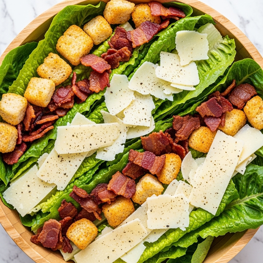 A bowl filled with a fresh Caesar salad showing three main layers: the bottom layer has light brown crunchy croutons, the middle layer features medium green romaine lettuce leaves with some dark spots of dressing, and the top layer has thin, slightly curled pale yellow cheese shavings and small pieces of crispy reddish-brown bacon. The salad is lightly sprinkled with black pepper and the bowl is made of light wood placed on a white marbled surface. photo taken with an iphone --ar 4:5 --v 7