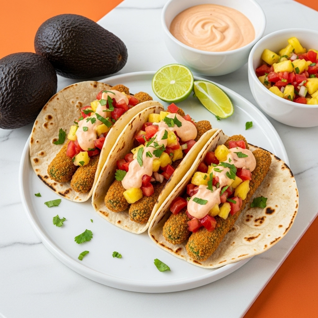 Three tacos are arranged on a white round plate placed on a white marbled surface with an orange background. Each taco has a soft tortilla shell with light toasty spots, holding two long, breaded and fried green veggie sticks on the bottom, topped with bright red diced tomatoes and small chunks of yellow pineapple mixed with green herbs. A creamy light pink sauce is drizzled on top, and finely chopped green herbs are sprinkled over everything. A wedge of lime rests on the plate beside the tacos. Next to the plate are two whole dark green avocados, a white bowl with the same light pink sauce, and another white bowl with chunky pineapple and tomato salsa. photo taken with an iphone --ar 4:5 --v 7