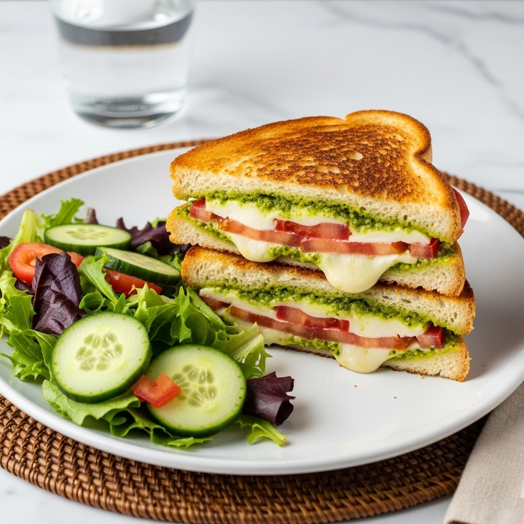 The image shows a grilled sandwich cut in half and stacked, placed on a white plate with a side of fresh salad. The sandwich has three main layers inside: the top and bottom layers are toasted golden brown bread, the middle layer is green pesto spread, and between them are slices of red tomato and melted white cheese oozing slightly. The white plate sits on a dark brown woven mat, and beside the sandwich there is a mix of green leafy lettuce, cucumber slices, and red bell pepper pieces. In the background, there is a clear glass of water, all set on a white marbled surface. Photo taken with an iphone --ar 4:5 --v 7