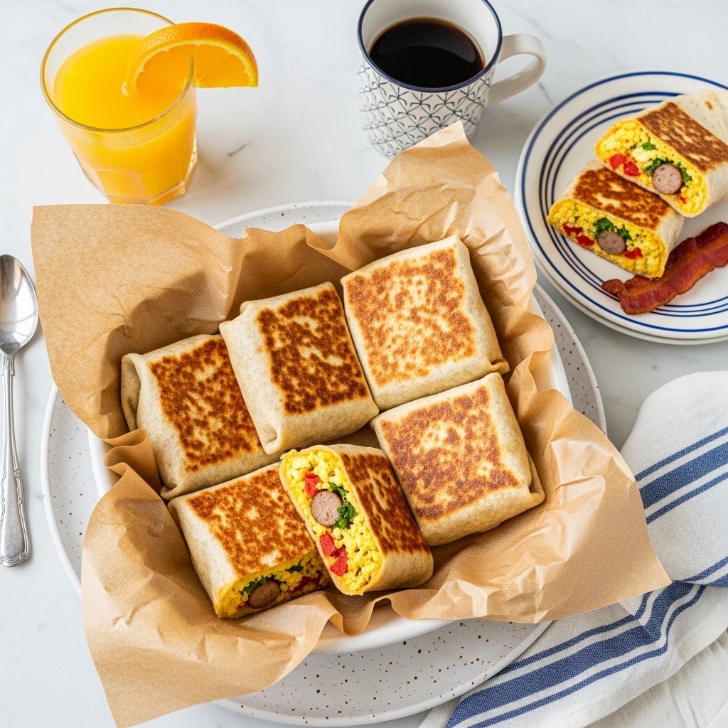 A basket lined with light brown parchment paper holds several golden-brown rectangular breakfast burritos, with one burrito cut open to reveal scrambled eggs mixed with green herbs, red bell peppers, and browned sausage pieces inside; the basket sits on a white speckled plate placed on a rustic wooden table. Nearby, there is a white plate with dark blue lines containing a piece of bacon and a burrito cut in half showing the same colorful filling. A ceramic mug filled with black coffee with horizontal dark stripes is on the left side, next to a silver spoon, and a glass of orange juice with a slice of orange inside is at the top left. A blue-and-white striped cloth napkin is on the right, and an egg carton is partially visible on the wooden table bottom right. photo taken with an iphone --ar 4:5 --v 7
