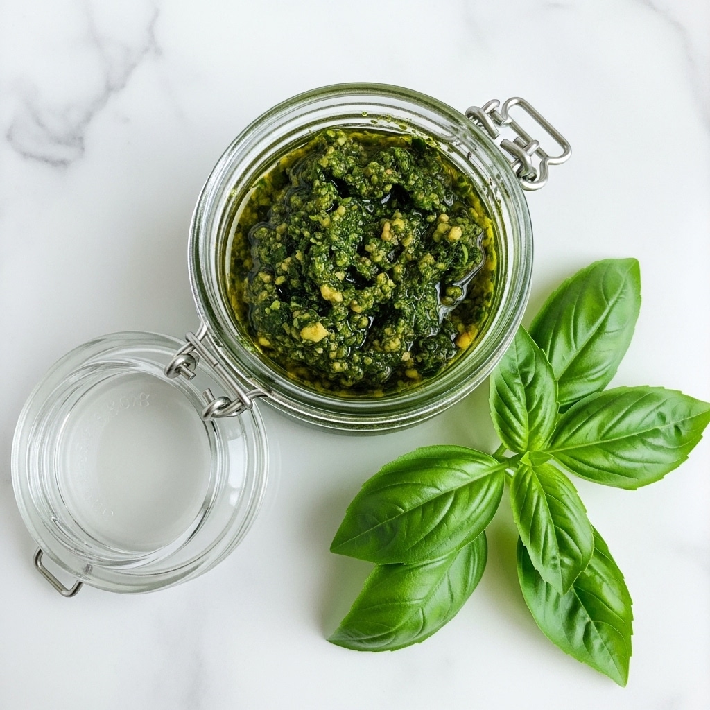 A clear glass jar filled with green pesto sauce mixed with visible nuts and herbs sits open on a white marbled surface, next to a bunch of fresh bright green basil leaves with detailed veins and stems. The jar’s metal clasp is open, and the lid lies beside it, showing the shiny glass ring. The pesto has a oily, textured surface with small chunks visible inside. photo taken with an iphone --ar 4:5 --v 7