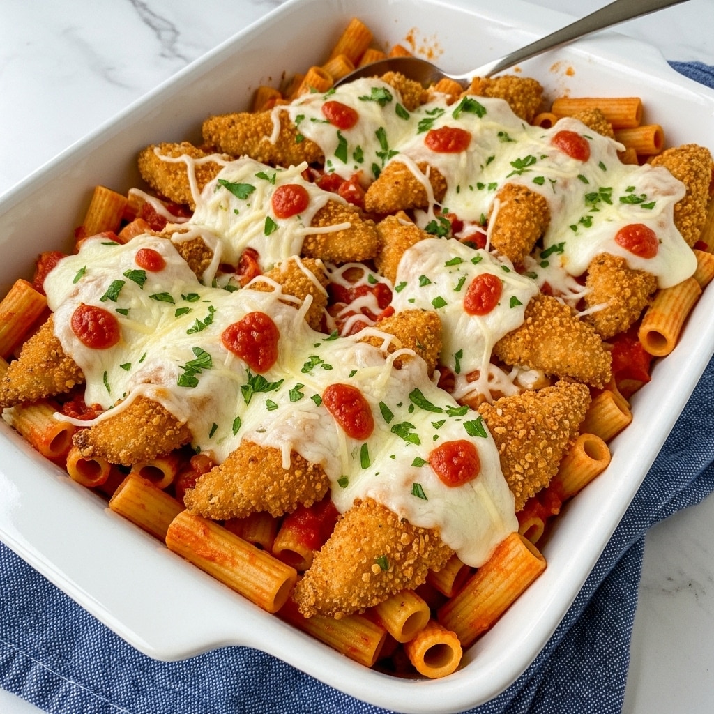 The image shows a baked pasta dish in a white rectangular tray, layered with golden brown crispy breaded chicken pieces on the top. Below the chicken, there are rigatoni pasta tubes coated in rich red tomato sauce. The dish is covered with a layer of melted white cheese, slightly browned in spots, and sprinkled with small green parsley bits, adding freshness. A silver spoon rests in the tray on the right side, partially submerged in the pasta. The tray sits on a white marbled surface with a folded blue and white striped cloth next to it. Photo taken with an iphone --ar 4:5 --v 7