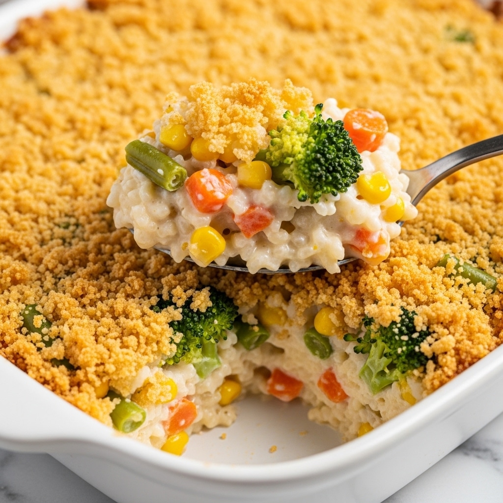 The image shows a close-up of a creamy mixed vegetable rice dish in a white round dish with a golden-brown crispy crust around the edge. The dish has visible layers: the top crispy crust layer with a crunchy texture and orange-yellow color, underneath a creamy, cheesy rice layer with pieces of carrot, corn, green beans, peas, and broccoli. A spoon lifts a thick, creamy scoop of the rice and vegetables from the center, showing a mix of soft and smooth textures with colorful vegetable bits. The dish sits on a white marbled surface. Photo taken with an iphone --ar 4:5 --v 7