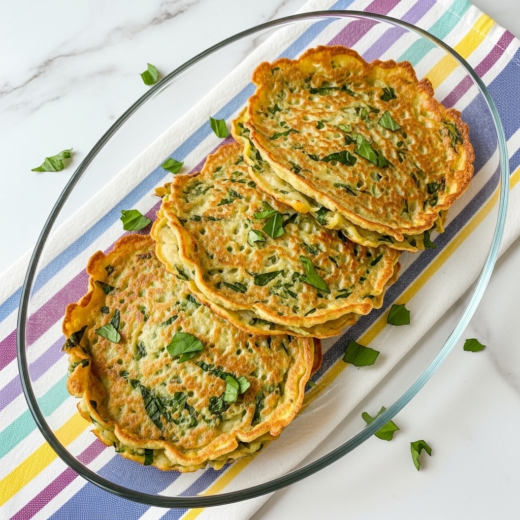 A clear, oval-shaped glass dish holds five golden-yellow, thin, crispy crackers stacked slightly overlapping each other. Each cracker has a textured surface with small green herb pieces and tiny flecks of red and dark brown, giving a speckled look. The dish is placed on a white marbled textured surface covered partially by a cloth with colorful striped patterns in purple, yellow, and orange. Some scattered green herbs are visible near the dish edges, adding a fresh touch. Photo taken with an iphone --ar 4:5 --v 7
