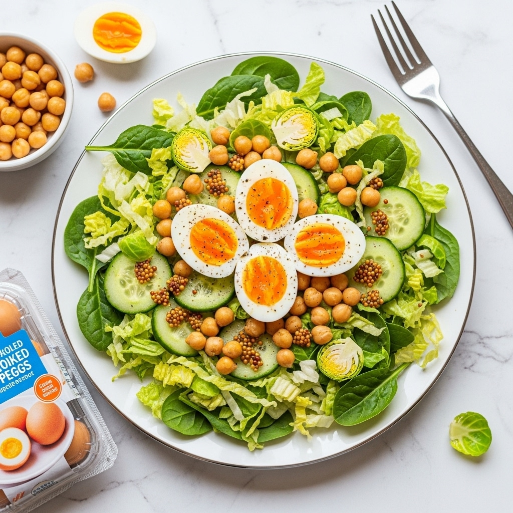 A white plate with a thin black rim holds a fresh salad consisting of a base layer of light green shredded lettuce mixed with darker green spinach leaves, scattered with small round orange chickpeas throughout. On top, five halved hard-boiled eggs with bright yellow yolks and white firm whites are placed neatly in the center. The salad is lightly sprinkled with mustard seeds and a hint of seasoning. The plate sits on a white marbled surface with two egg halves and a silver fork nearby, along with a partially visible package of pre-cooked peeled eggs and a small pink bowl filled with chickpeas. Photo taken with an iphone --ar 4:5 --v 7