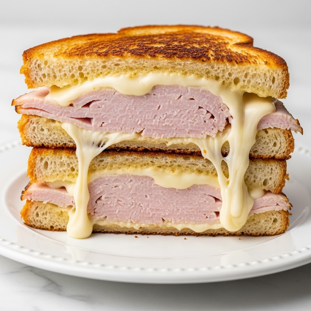 A toasted sandwich cut in half and stacked, showing three layers of white bread with a golden-brown crispy texture on the outside. Between the bread layers are thick slices of light pink turkey meat and melted, gooey off-white cheese that stretches and drips down the sides. The sandwich is placed on a white plate with a subtle beaded edge, set against a white marbled surface. photo taken with an iphone --ar 4:5 --v 7