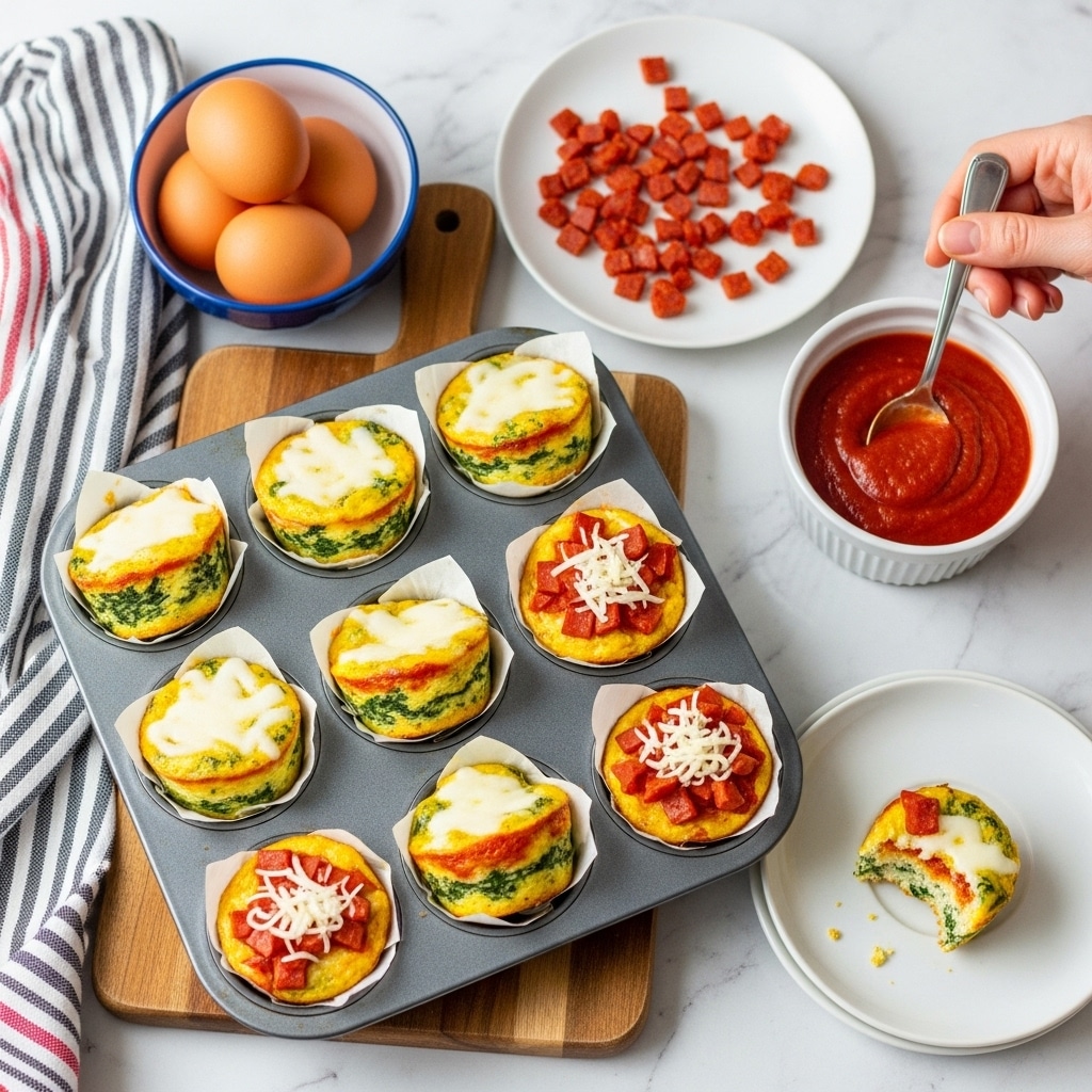 The image shows a muffin tin on a white marbled surface, filled with eight small egg muffins. Each muffin is made of a spinach and egg base with melted light yellow cheese on top, giving a textured and slightly melted look. To the left, there are two muffins outside the tin; one is plain with the same green spinach and yellow egg layers topped with cheese, while the other has an additional layer of small, bright red pieces of pepperoni and shredded white cheese, adding color contrast. Surrounding these are three brown eggs in a dark blue bowl, a small white plate with round slices of pepperoni, a small red bowl filled with smooth, thick red sauce with a spoon inside, and a striped white and black cloth next to the red bowl, plus a red-striped white cloth below the muffin tin. A fork rests inside the pepperoni-topped muffin on the white plate. Photo taken with an iphone --ar 4:5 --v 7