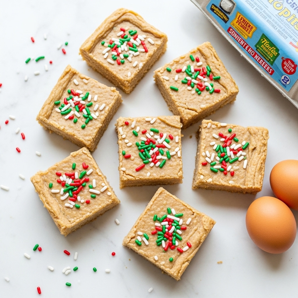 The image shows six square pieces of a light brown dessert with a smooth, slightly wrinkled top layer sprinkled with red, white, and green tiny sprinkles. The pieces are arranged scattered on a white marbled surface. Two brown eggs and a carton of eggs with colorful text and branding are placed near the dessert squares, adding a rustic, homemade feel to the scene. The overall look is simple and bright with a festive touch from the sprinkles. photo taken with an iphone --ar 4:5 --v 7