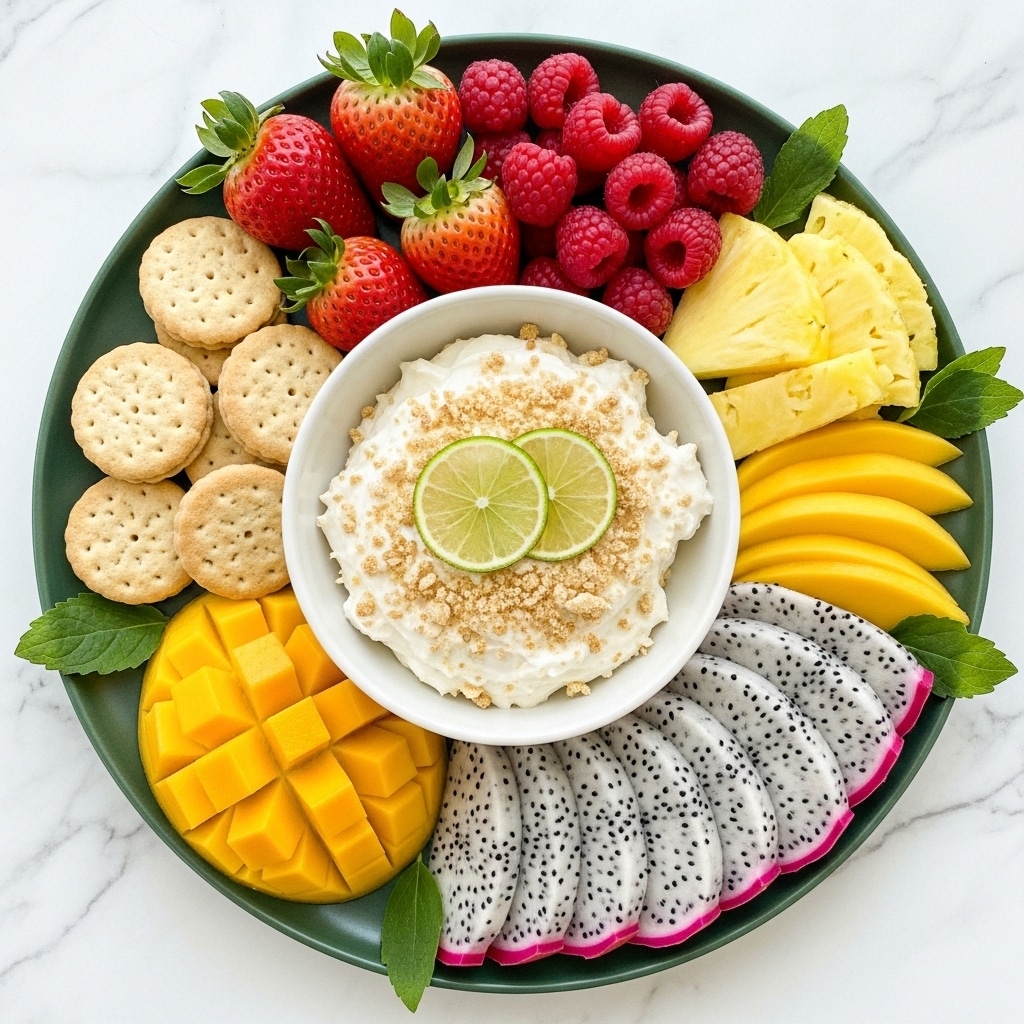 A large white plate holds an assortment of colorful snacks arranged around a white bowl of creamy dip in the center, topped with two thin slices of lime and brown crumbs sprinkled over it. Starting from the top left and moving clockwise, there are fresh red strawberries with green leaves, light brown round cookies stacked in a small pile, bright yellow sliced mangoes, white dragon fruit slices with vibrant pink edges and black seeds, small rectangular pieces of yellow pineapple, and a cluster of red raspberries near the bottom left. The plate sits on a white marbled surface. photo taken with an iphone --ar 4:5 --v 7