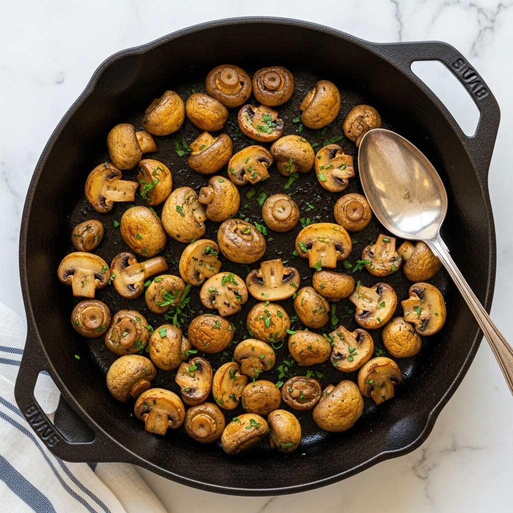 A close-up view of a cast iron pan filled with cooked mushrooms, cut into halves and quarters. The mushrooms have a shiny, golden brown color with some charred spots, showing they have been sautéed. Small green herb pieces are scattered among the mushrooms, adding contrast. A silver spoon rests inside the pan on the right side. The pan sits on a white marbled texture surface with part of a blue-striped cloth visible on the left side. Photo taken with an iphone --ar 4:5 --v 7