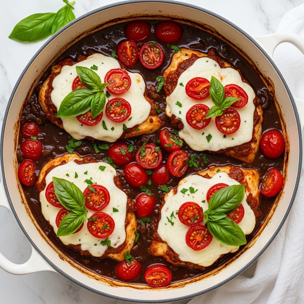 The image shows a white pot filled with four pieces of cooked chicken breasts as the base layer, each topped with a thick layer of melted white cheese. Red cherry tomato halves are scattered generously over the cheese and around the chicken in the dark, rich sauce that fills the pot. Bright green basil leaves and small bits of chopped parsley are added as garnish on top of and around the chicken. The pot sits on a white marbled surface, with a white cloth nearby. Photo taken with an iphone --ar 4:5 --v 7
