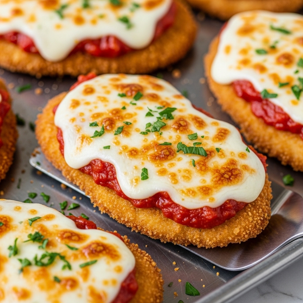 The image shows a close-up of a golden-brown breaded chicken breast topped with a layer of red tomato sauce and a thick melted layer of bubbly white cheese sprinkled with finely chopped green parsley. The chicken rests on a silver baking tray with another similar piece partially visible in the background. The bubbling cheese has some darker browned spots, and the tomato sauce peeks through around the edges. The tray has some scattered crumbs and bits of parsley. A metal spatula is lifting one chicken piece lightly. The background is a white marbled texture. photo taken with an iphone --ar 4:5 --v 7