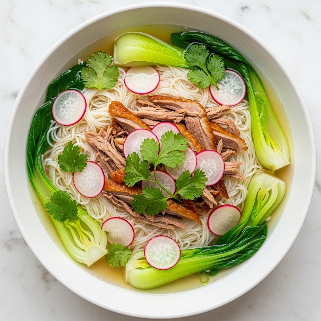 A white bowl filled with a clear broth soup showing a base layer of thin white rice noodles, surrounded by green bok choy arranged along the edges. On top of the noodles, there is a generous layer of shredded roasted duck with golden-brown skin. Thin slices of red and white radish are scattered evenly across the dish, mixed with fresh green cilantro leaves. The bowl sits on a white marbled surface. Photo taken with an iphone --ar 4:5 --v 7