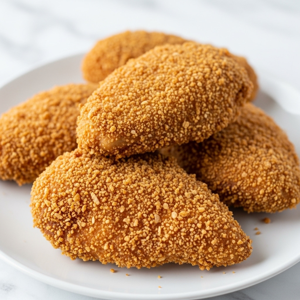 The image shows a close-up of four pieces of fried chicken drumsticks arranged on a clean white plate. The chicken pieces have a golden-brown, crispy crust with a rough texture, showing small bumps and crunchy edges. The drumsticks are stacked casually, with two laying down and two slightly resting on top. The background surface is a white marbled texture, giving a clean and simple look to the setting. photo taken with an iphone --ar 4:5 --v 7