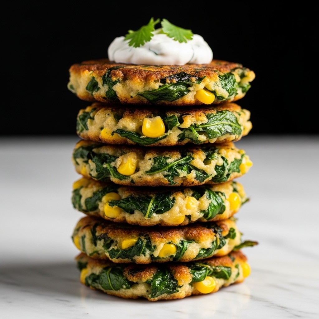 A tall stack of six thick golden-brown fritters with visible green leafy herbs mixed inside, showing a crispy textured edge and a soft inside, topped with a white dollop of creamy sauce and a small sprig of green herb on top, all set on a white marbled surface with a dark blurred background. photo taken with an iphone --ar 4:5 --v 7
