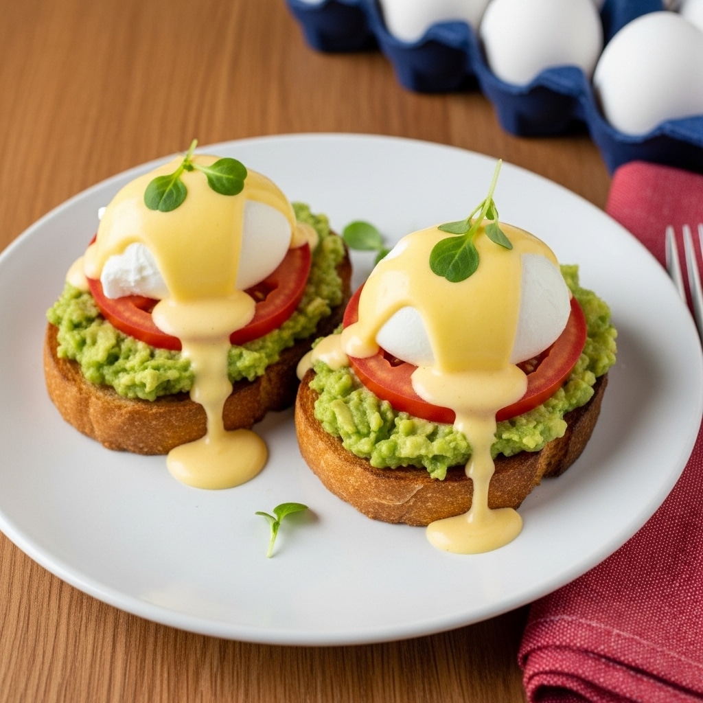 Two slices of toasted brown bread are placed on a white plate set on a light wood surface. Each slice is spread with a thick layer of bright green mashed avocado. On top of the avocado, there are one or two slices of red tomato. Each toast holds a white poached egg with smooth, soft texture, topped with a thick, yellow hollandaise sauce that slightly drips down. Small green leaves garnish the eggs, and some black pepper is sprinkled over the dish. Nearby, a blue carton of free range eggs and a folded red cloth napkin are visible. Photo taken with an iphone --ar 4:5 --v 7