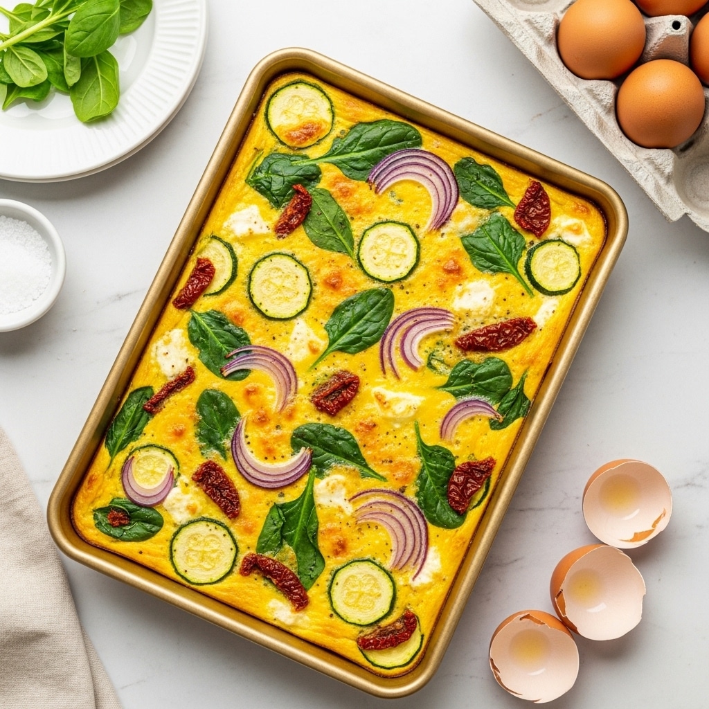 The image shows a rectangular baking pan filled with a baked egg dish. The top layer has a bright yellow egg base with visible chunks of green spinach leaves, light green thin zucchini slices, red sun-dried tomatoes, and small purple rings of red onion evenly spread throughout. White pieces of cheese are scattered across the surface, adding texture. The eggshells are cracked open and placed near the pan on a white marbled surface, with a white egg carton and fresh green dill on a white plate nearby. The scene is bright and clean, showing the dish as fresh and colorful. photo taken with an iphone --ar 4:5 --v 7