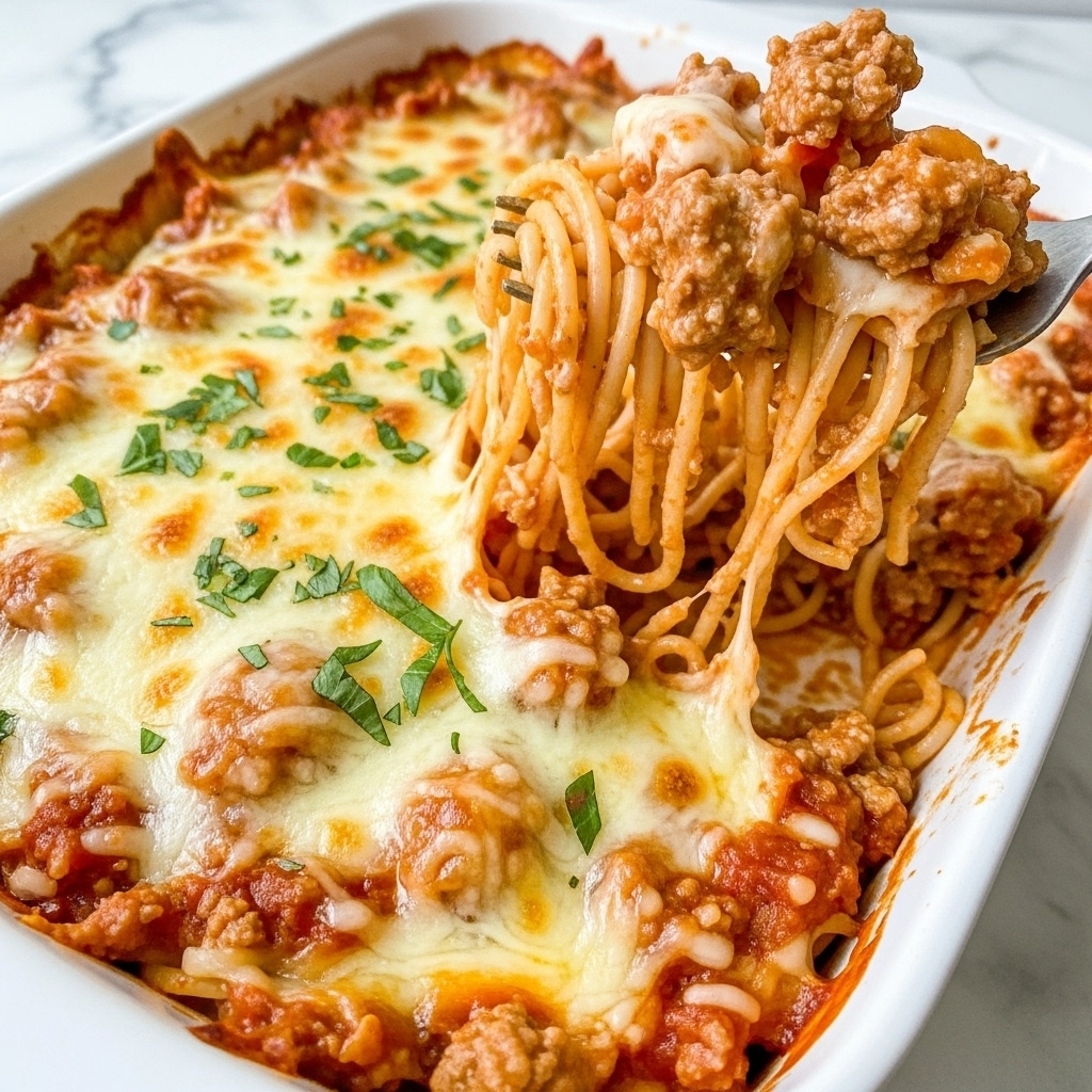 The image shows a close-up of a white dish filled with a baked spaghetti casserole. The top layer is melted golden cheese, sprinkled with small bits of green herbs. Below the cheese, there is a thick, saucy layer of cooked spaghetti mixed with ground meat and small pieces of green peppers, all coated in a rich orange-brown tomato sauce. The spaghetti strands are visible, some lifted by a fork revealing a gooey, cheesy, and meaty texture underneath. The dish rests on a white marbled surface. Photo taken with an iphone --ar 4:5 --v 7