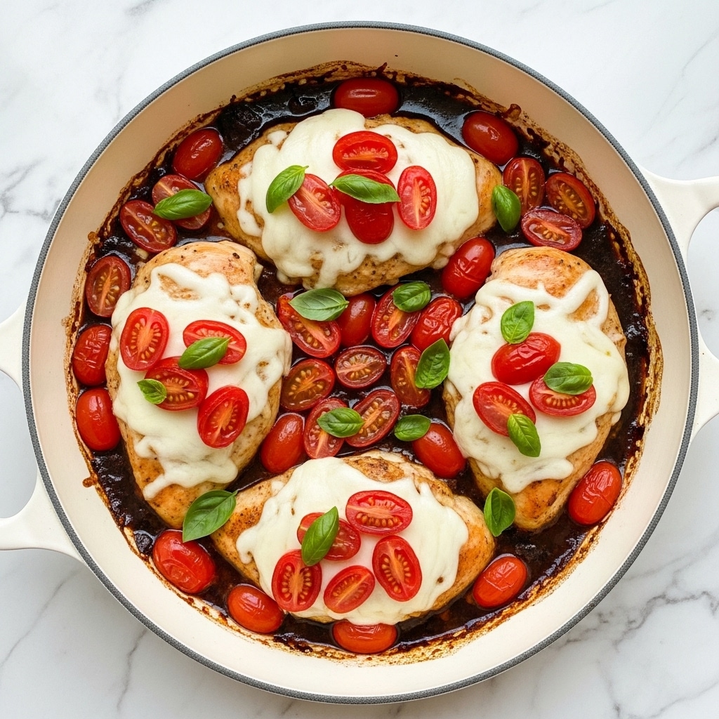 The image shows a white round pan filled with four cooked chicken breasts, each topped with a melted layer of creamy white cheese. Around and on top of the chicken are many small red cherry tomato halves, adding a bright pop of color. The chicken sits in a dark, rich sauce that covers the bottom of the pan. Fresh green basil leaves are scattered over the top, adding contrast and freshness. The white marbled surface is visible around the pan. photo taken with an iphone --ar 4:5 --v 7