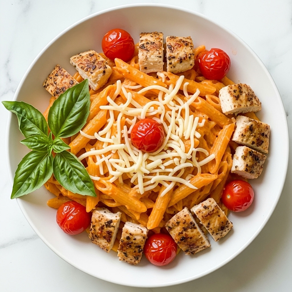 A close-up of a white plate filled with creamy orange cheese-covered penne pasta mixed with small roasted cherry tomatoes, and topped with pieces of grilled chicken that have a golden-brown crust with visible seasoning. On the left side of the plate, there is a fresh green basil leaf cluster adding a pop of bright color. The pasta looks rich and slightly shiny from the cheese sauce, with some strings of melted cheese stretching between the pasta pieces. The plate sits on a white marbled surface. Photo taken with an iphone --ar 4:5 --v 7