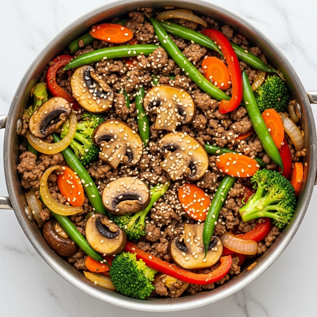 A close-up view of a stir-fry dish in a silver pan, filled with layers of ground meat mixed with a glossy brown sauce, topped with white sesame seeds scattered throughout. Bright red bell pepper slices, green beans, broccoli florets, carrot sticks, and large mushroom pieces are mixed evenly, adding vibrant colors and varied textures. The vegetables have a slight shine from the sauce, and some onion pieces are visible, adding a light translucent layer. The background is a white marbled surface. photo taken with an iphone --ar 4:5 --v 7