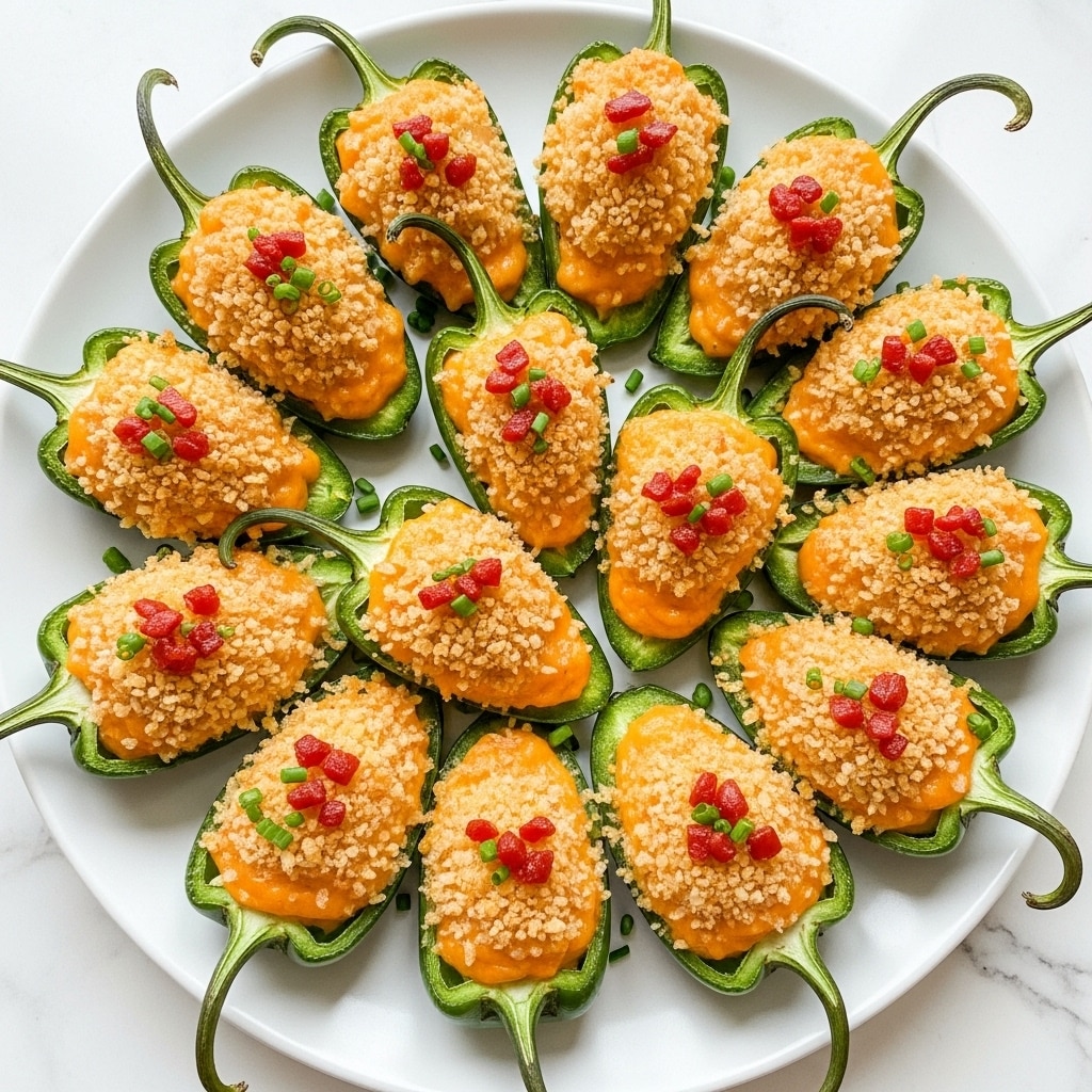 A white plate filled with many jalapeño halves, each cut lengthwise with their green skin showing on the bottom layer, and topped with a thick layer of golden-brown cheesy breadcrumb mixture that looks crunchy and textured. Small bits of red pepper pieces are scattered on top along with tiny green chive slices, adding color contrast. The jalapeños are arranged close together covering the plate, which is set on a white marbled surface. The photo taken with an iphone --ar 4:5 --v 7