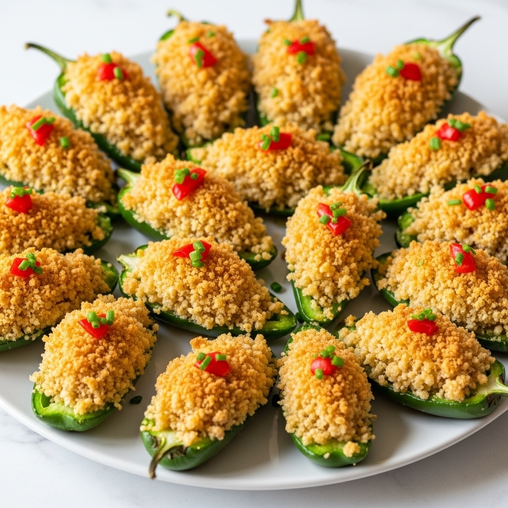 A white plate filled with many green jalapeño halves, each stuffed with a thick layer of creamy, orange cheese mixture and topped with a golden, crispy breadcrumb crust. Small red bits, likely bacon or pepper, are sprinkled evenly across the breadcrumb topping. Tiny green chive pieces are scattered on top and around the peppers, adding a fresh contrast. The jalapeño stems are still attached, curved and dark green, and the plate sits on a white marbled surface. photo taken with an iphone --ar 4:5 --v 7