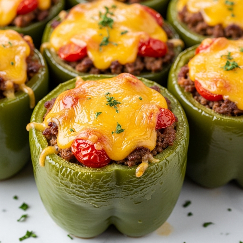 The image shows several green bell peppers standing upright on a white marbled surface, each filled with a colorful layered mixture. The bottom layer inside the peppers is a cooked ground meat mix with small bits of red tomato pieces. On top of this is a thick, melted, bright orange-yellow layer of cheese that softly drips down the edges of the peppers. Tiny specks of green herbs are sprinkled on the cheese, adding a fresh touch. The overall look is warm and gooey, with the peppers holding their firm green skin and the filling packed tightly inside. photo taken with an iphone --ar 4:5 --v 7
