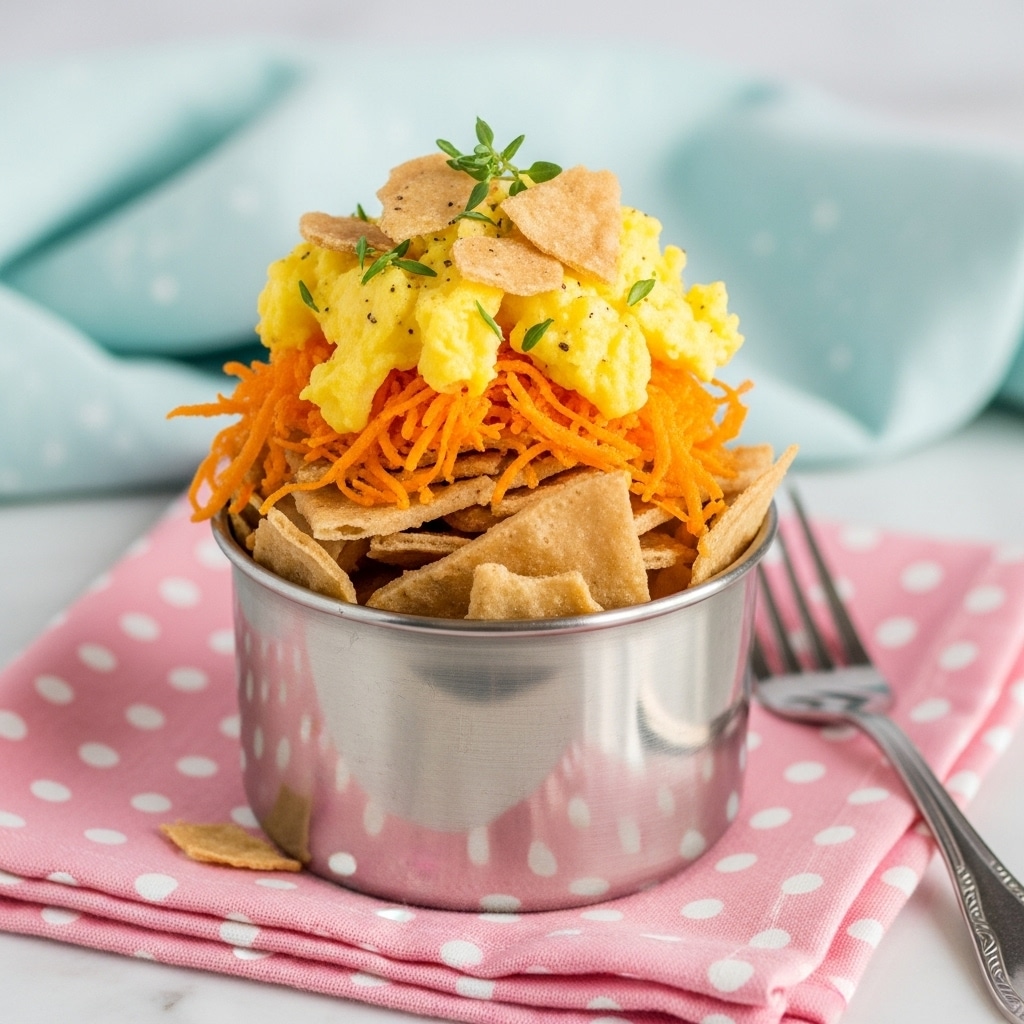 A close-up of a white metal cup filled with a mixture of different layers. The bottom layer shows thin, slightly crispy orange snack sticks, followed by a layer of soft scrambled eggs with a yellowish color. On top, there are irregular pieces of a brown flat snack or cracker, scattered over the mix. The cup is placed on a bright pink napkin with white polka dots, and there is a shiny silver fork next to it on a white marbled surface. Photo taken with an iphone --ar 4:5 --v 7