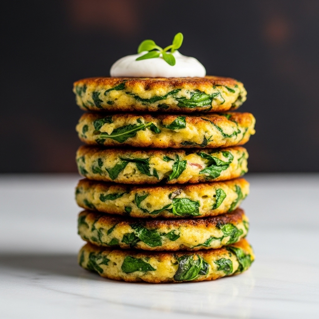 A tall stack of six golden brown fritters with green leafy bits visible in each layer stands upright on a white marbled surface. The fritters have a crisp texture with slightly uneven edges, showing the cooked greens and corn kernels embedded inside. On top of the stack, there is a dollop of white creamy sauce garnished with a small sprig of green herb, probably cilantro. The background is dark, making the fritters and white marbled surface stand out clearly. photo taken with an iphone --ar 4:5 --v 7