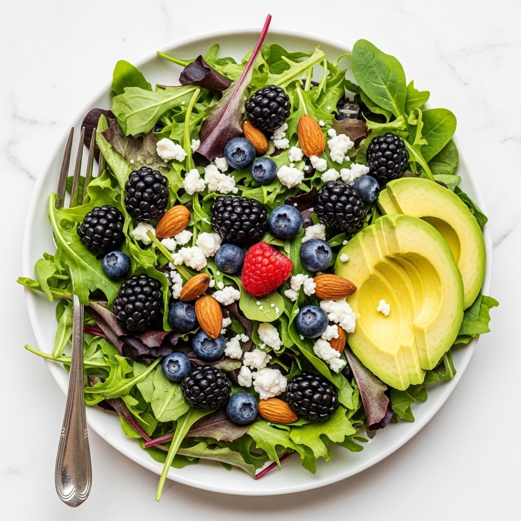 A white plate holds a vibrant salad with several layers. The bottom layer is a mix of green leafy vegetables including spinach and lettuce, creating a fresh, leafy base with different green shades and a soft texture. Scattered on top are whole almonds adding a smooth, brown, oval shape. Fresh blackberries and one raspberry add bright black and red, bumpy textures that contrast with the green leaves. Pieces of creamy white cheese are spread unevenly across, giving soft, rough patches. On the right side, there are green slices of avocado with a creamy look, slightly layered next to the leaves. A silver spoon is placed behind the salad, resting partly on the plate. The whole dish is set on a white marbled surface with a white cloth under the plate and a small bunch of lavender next to it. Photo taken with an iphone --ar 4:5 --v 7
