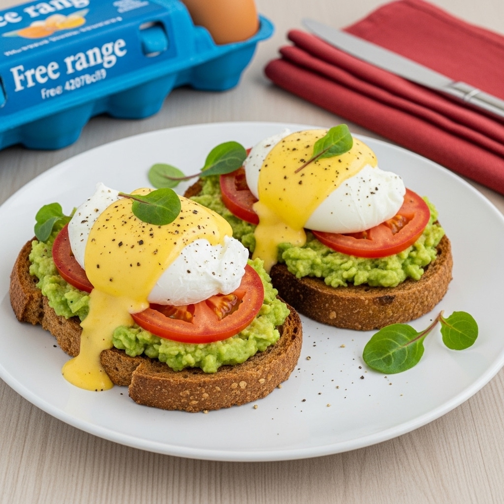 Two pieces of toasted bread sit side by side on a plain white plate placed on a wooden table. Each toast is layered first with mashed green avocado spread with a slightly chunky texture, followed by a bright red tomato slice. On top of the tomato rests a smooth, white poached egg, covered with a generous drizzle of creamy yellow hollandaise sauce that has a slightly glossy finish. Small green sprigs garnish each egg, adding a fresh touch. A bit of the sauce has dripped on the plate near the toasts. The setting includes a navy blue carton of eggs partially visible in the top right corner and a folded red cloth napkin in the bottom right corner. Photo taken with an iphone --ar 4:5 --v 7