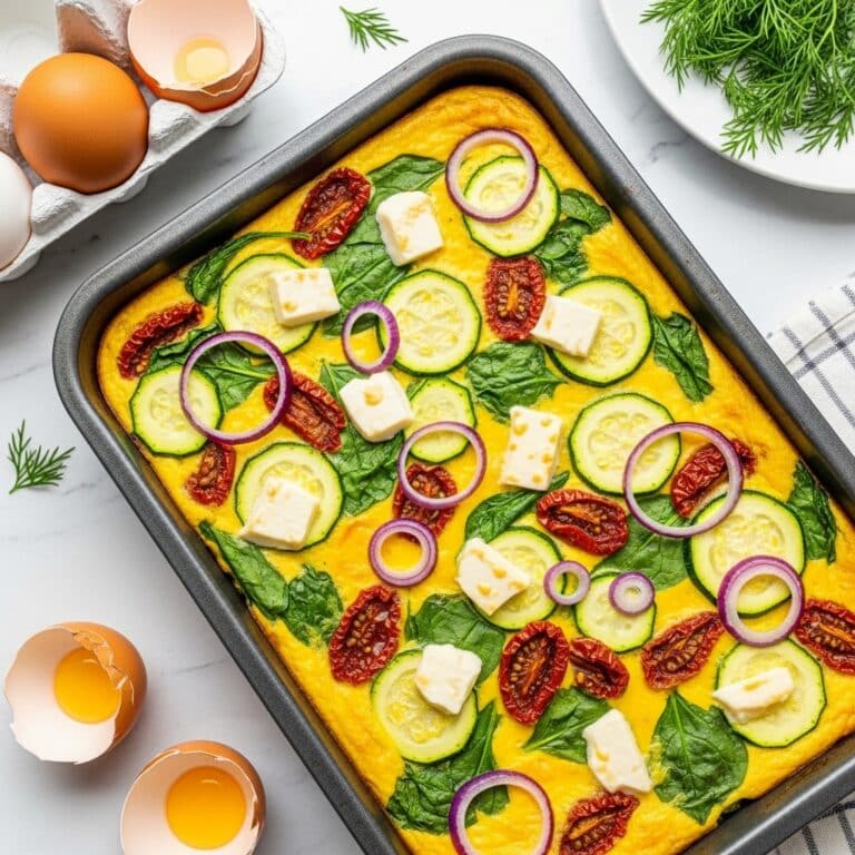 Sheet Pan Eggs with Zucchini, Sun-Dried Tomatoes, and Goat Cheese Recipe