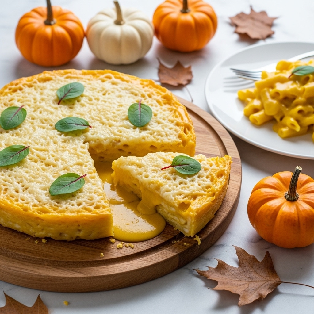A round dish sits on a wooden board with a thick crust layer at the bottom, covered by a tangled, white, lattice topping that adds texture on top. Small dark green leaves are scattered irregularly over the lattice. A large slice is cut out from the dish, revealing a smooth, bright orange filling inside that looks creamy and firm. On a white plate next to it, the cut slice is placed showing the same three layers clearly: the thick crust bottom, the orange creamy middle, and the white lattice topping with a few green leaves on it. The scene is decorated with small pumpkins and dry brown leaves on a white marbled surface. photo taken with an iphone --ar 4:5 --v 7