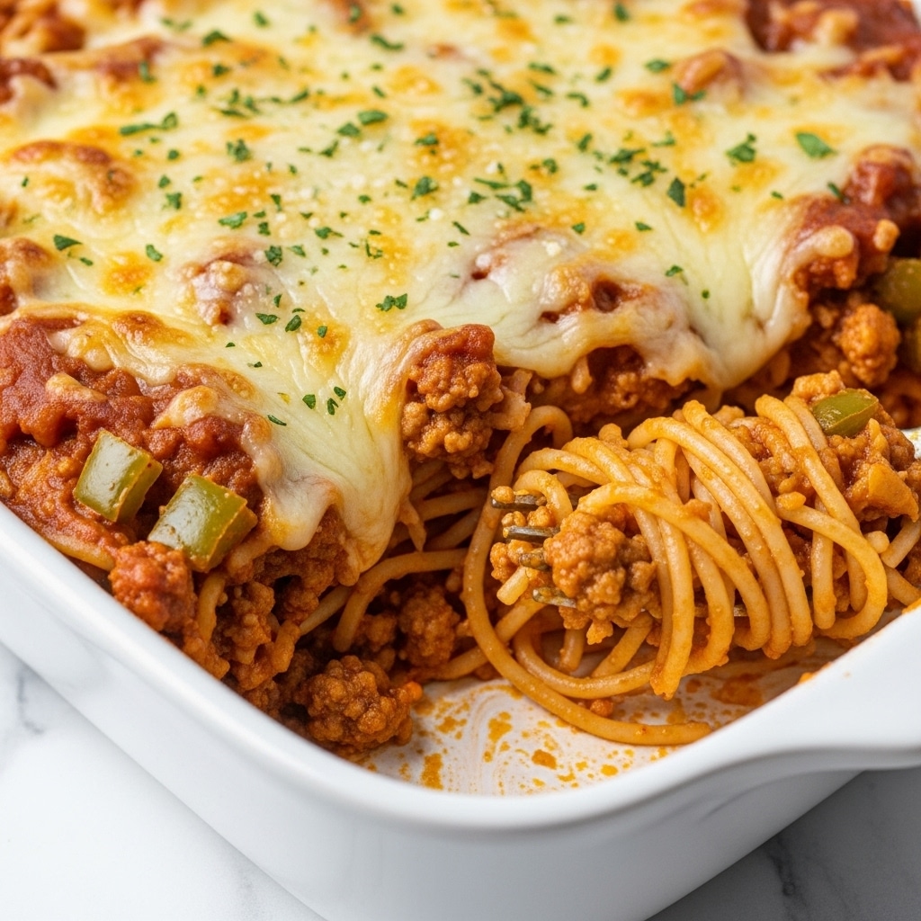 The image shows a close-up of a white casserole dish filled with spaghetti layered with melted cheese, meat sauce, and small green herbs sprinkled on top. The top layer is a bubbly, golden-brown melted cheese covering the noodles and chunks of browned ground meat mixed into a creamy tomato sauce. A fork lifts a generous serving, revealing long strands of spaghetti coated in the sauce and cheese, with bits of sauce and herbs clinging to the pasta. The casserole edges are lightly stained with the reddish sauce, and the texture of the melted cheese looks gooey and stretchy. The background is a white marbled surface. Photo taken with an iphone --ar 4:5 --v 7