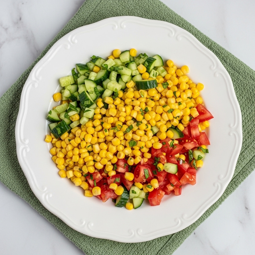 A white plate holds a colorful salad made of three main layers mixed together: bright yellow corn kernels, small red tomato pieces, and green cucumber chunks with finely chopped herbs scattered throughout. The textures show the smooth skin of the tomatoes, the firm bite of the corn, and the crispness of the cucumber. The plate sits on a white marbled surface, adding subtle light reflections around the dish. photo taken with an iphone --ar 4:5 --v 7