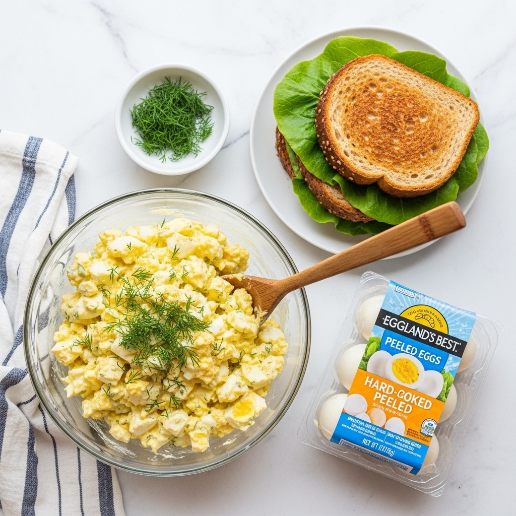 The image shows a clear glass bowl filled with chunky egg salad that has a creamy yellow texture mixed with white pieces of hard-cooked egg and small green bits of dill on top. A wooden spoon is resting in the bowl on the right side. Next to the bowl, there is a white plate holding two slices of toasted brown bread topped with fresh crisp green lettuce leaves. To the left of the bowl, a white marbled surface holds a white package of hard-cooked peeled eggs with blue and red text. A small white bowl with extra dill is placed near the top right corner. The scene is set on a white marbled surface with a blue-green knitted cloth partially visible near the bottom. photo taken with an iphone --ar 4:5 --v 7