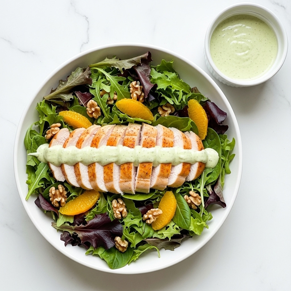 In a white bowl placed on a white marbled surface, there is a salad with several layers. The bottom layer is made of mixed leafy greens, with different shades of green and some dark purple leaves, creating a fresh base. On top of the greens, slices of grilled chicken are laid out neatly in one line, showing a golden brown color with a tender texture. Over the chicken, a creamy greenish sauce is drizzled smoothly in a line across the length. Scattered among the greens and chicken are bright orange segments and small pieces of walnuts, adding color contrast and texture. In the background, there is a small white bowl with more greenish sauce. photo taken with an iphone --ar 4:5 --v 7