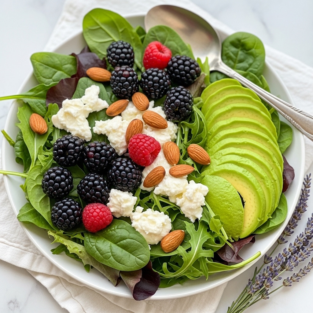 The image shows a fresh salad on a white plate set on a white marbled surface. The salad has multiple layers including a base of mixed green leafy vegetables with a variety of colors and textures. On top, there are scattered blackberries, blueberries, and a single bright red raspberry adding pops of dark and bright purple-red colors. Sliced avocado pieces in pale green with smooth texture are placed on the right side of the plate. There are also whole almonds spread evenly throughout, and small white crumbles of cheese sprinkled on top. A fork is resting on the left side of the plate with the handle extending outwards. Photo taken with an iphone --ar 4:5 --v 7