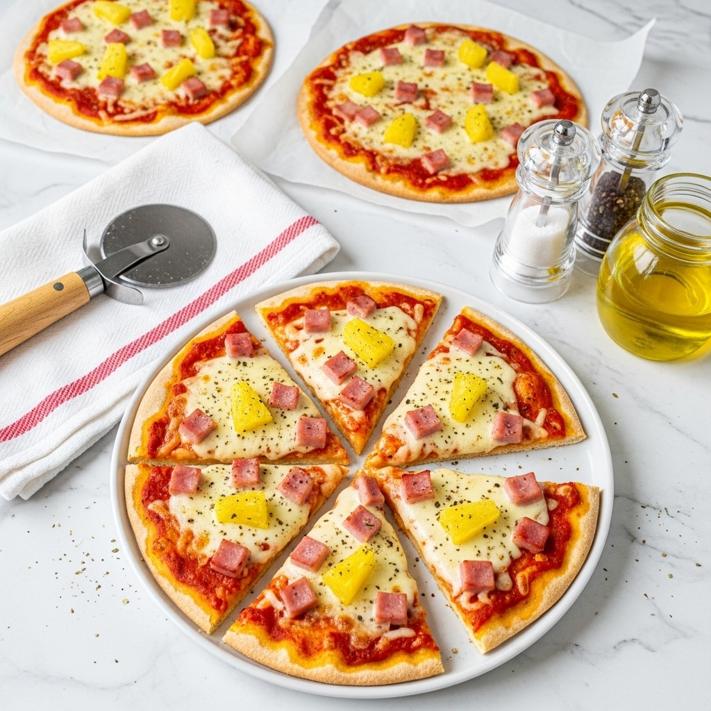 The image shows three small pizzas with thin, lightly browned crusts. Each pizza has a base layer of red tomato sauce spread evenly. On top of the sauce, there is a melted layer of light yellow cheese that is bubbly and slightly browned in places. Scattered across the cheese are small cubes of pink ham and chunks of bright yellow pineapple. The pizza in the center is on a white plate and has one slice missing, revealing the stringy melted cheese stretching between the slices. The background is a white marbled texture with a white and red-striped cloth, a metal pizza cutter with a wooden handle, a glass bottle of olive oil, and salt and pepper shakers nearby. photo taken with an iphone --ar 4:5 --v 7