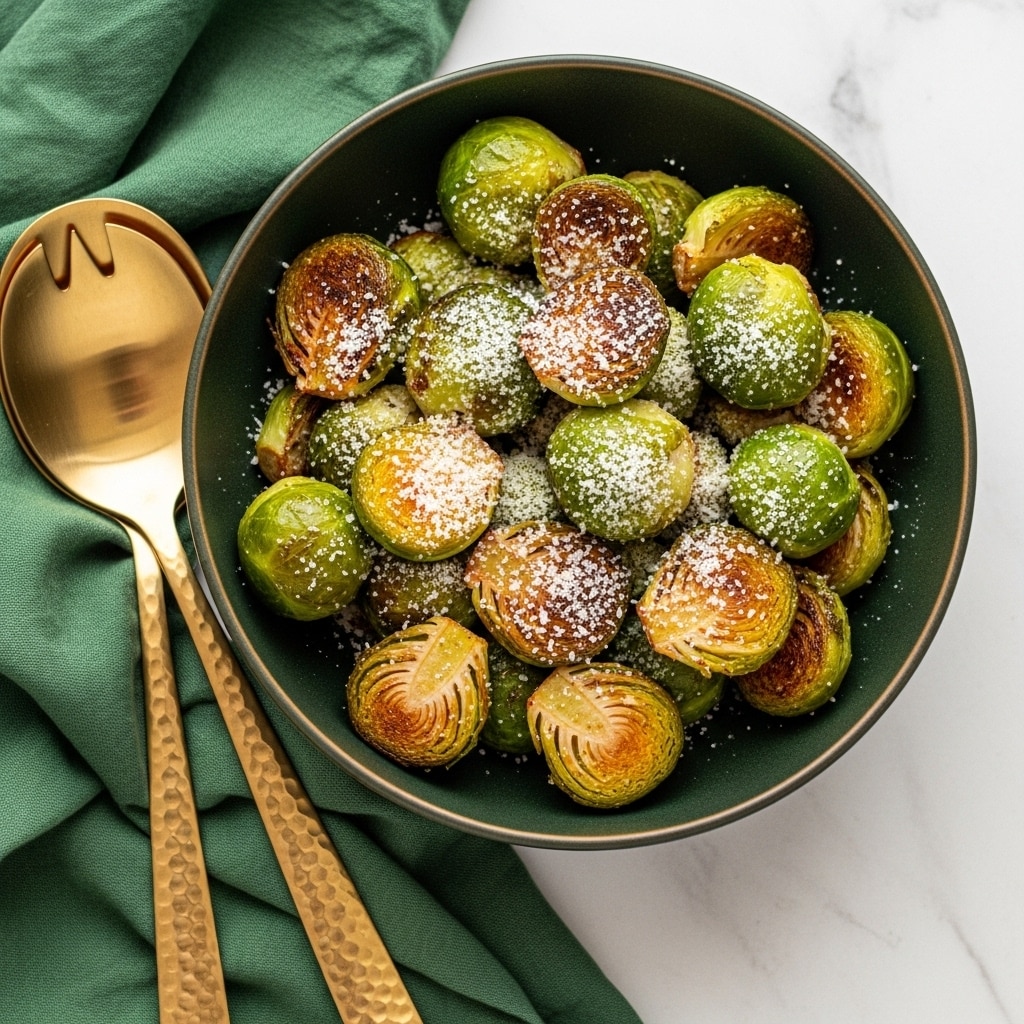 A bowl full of roasted Brussels sprouts, each sprout showing a mix of bright green and dark golden brown from charring. The sprouts are topped generously with finely grated white cheese, creating a light, fluffy, and textured layer. The bowl is white and sits on a white marbled surface with two shiny, hammered gold utensils to the side. photo taken with an iphone --ar 4:5 --v 7