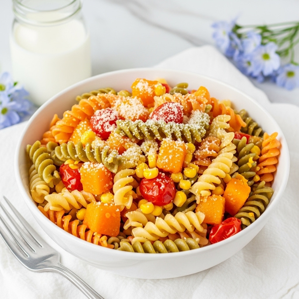 A white bowl filled with spiral pasta of three colors: beige, green, and orange, mixed with orange chunks of roasted vegetables, small pieces of diced tomatoes, and small corn kernels. Some melted cheese is sprinkled on top, adding a creamy white texture. The bowl sits on a white cloth with a blue stripe pattern on a white marbled surface, next to a white fork and a glass jar of milk. Delicate white and blue flowers are placed nearby, adding a soft touch. photo taken with an iphone --ar 4:5 --v 7