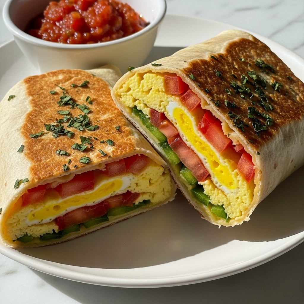 A white plate with two folded burritos, each covered with finely chopped green herbs. One burrito is cut in half, showing three visible filling layers inside: a bright red tomato slice on top, a middle layer of melted yellow cheese, and a bottom layer of white melted cheese or egg. The burrito tortilla is golden brown with a slightly crispy texture and uneven surface. Next to the burritos is a small white bowl filled with a bright red sauce. The whole scene is set on a white marbled texture. photo taken with an iphone --ar 4:5 --v 7