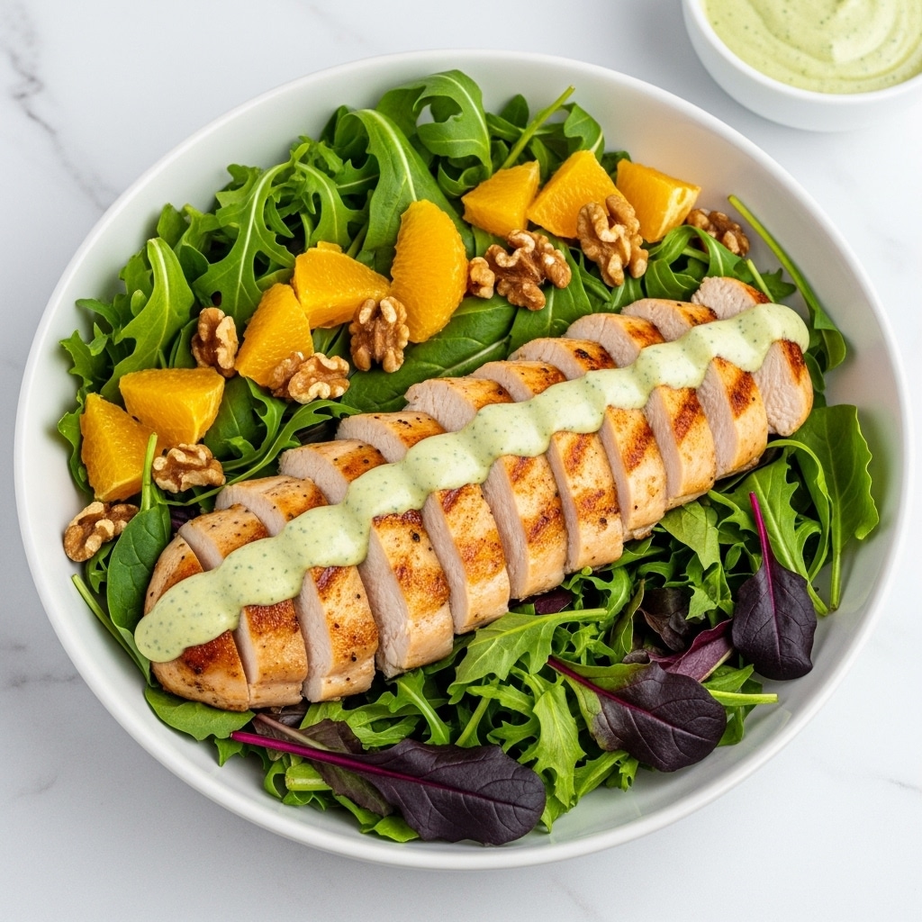 A white bowl holds a fresh salad arranged in layers, starting with a base of mixed green and purple leafy lettuce, scattered with orange slices and walnut pieces. On top sits a sliced, cooked chicken breast with a light golden-brown surface. A creamy, pale green sauce is drizzled evenly across the chicken slices from one side to the other. Next to the bowl on a white marbled surface is a small white bowl filled with the same sauce. The photo is taken with natural light that softly highlights the fresh colors and textures. photo taken with an iphone --ar 4:5 --v 7