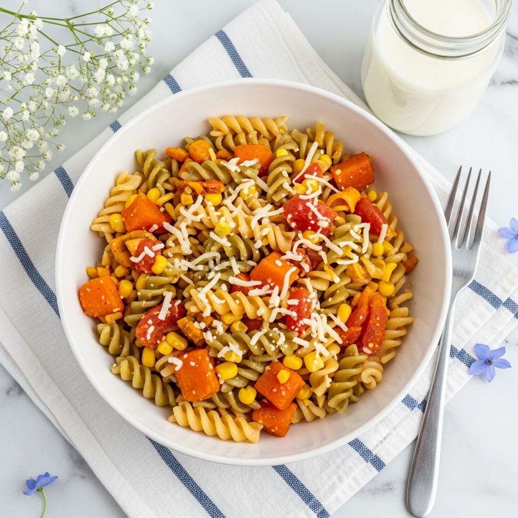 A white bowl filled with a colorful layered pasta dish featuring tri-color rotini pasta—yellow, green, and orange spirals. Mixed throughout are vibrant orange chunks of butternut squash, small pieces of red tomatoes, and white corn kernels, all lightly coated with a sprinkle of grated cheese that melts slightly on top. The bowl sits on a white cloth beside a fork with a white marbled textured surface in the background, along with a glass jar of milk and some light blue flowers. Photo taken with an iphone --ar 4:5 --v 7