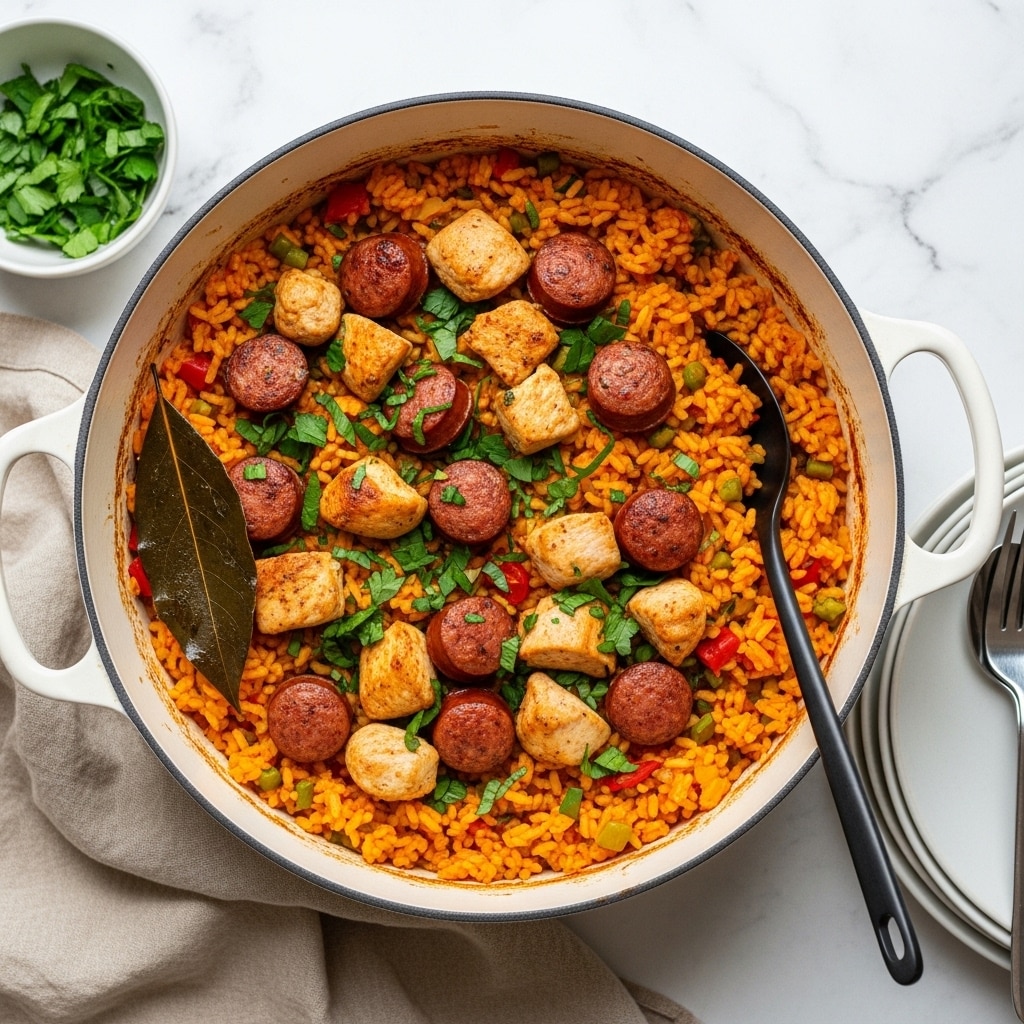 A large white pot filled with a thick, orange-brown rice dish mixed with small round sausage pieces, chunks of chicken, and diced red and green peppers, topped with fresh green onion slices and a dark green bay leaf on the left side. A black spoon rests inside the pot on the right. The pot is on a light beige cloth over a white marbled surface. To the upper right, a small white bowl of sliced green onions sits next to the pot. To the bottom left, there is a stack of white plates with silver silverware on top. Photo taken with an iphone --ar 4:5 --v 7