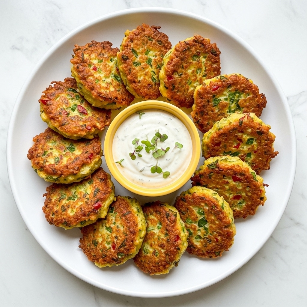 The image shows a white plate with a ring of golden brown, crispy fritters, each speckled with green herbs and small bits of red pepper. In the middle of the plate, there is a small yellow bowl shaped like a flower, filled with a creamy white dipping sauce, also sprinkled lightly with chopped green herbs. The plate sits on a white marbled surface with a soft light that highlights the crispy texture of the fritters. photo taken with an iphone --ar 4:5 --v 7