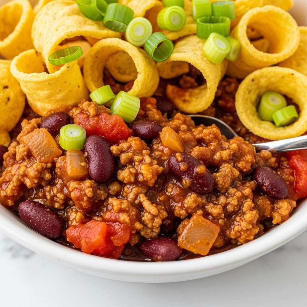 The image shows a close-up of a white bowl filled with a layered dish. The bottom layer contains crunchy yellow corn chips, partly visible around the edges. On top of the chips is a thick layer of chili with ground beef, kidney beans, small chunks of tomato, and melted cheese all mixed in a rich, brownish-orange sauce. Small pieces of fresh green onion are sprinkled on top, adding a touch of bright green color. A silver spoon is partially placed in the bowl, positioned near the top center of the dish. The bowl is set on a white marbled surface. photo taken with an iphone --ar 4:5 --v 7
